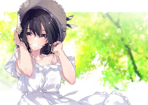 Anime Girl White Dress Summer Straw Hat Smiling Black Hair Anime