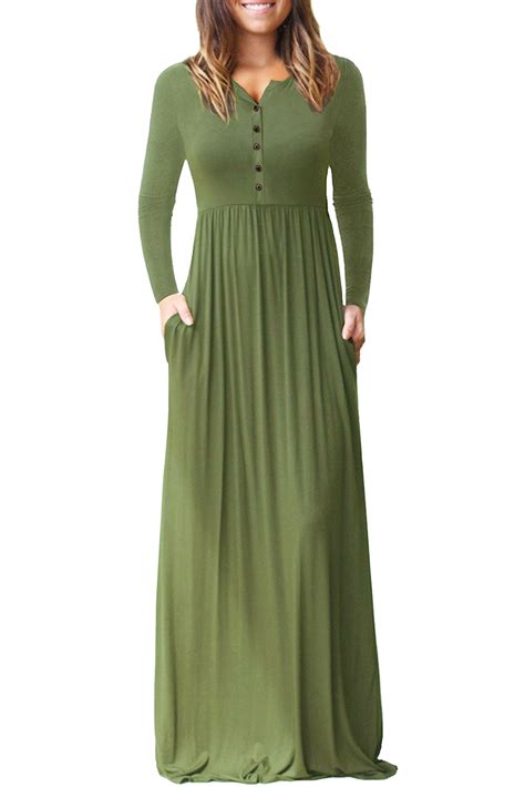 New Army Green Long Sleeve Button Down Casual Maxi Dress