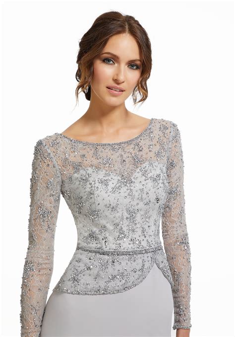 mgny by mori lee 72010 beaded lace long sleeve sheath dress grey prom dress lace dress skirt