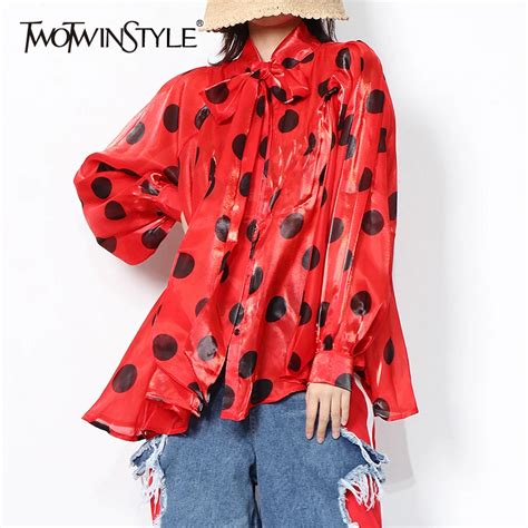 twotwinstyle print dot casual shirt for women lapel long sleeve hit color blouse female fashion