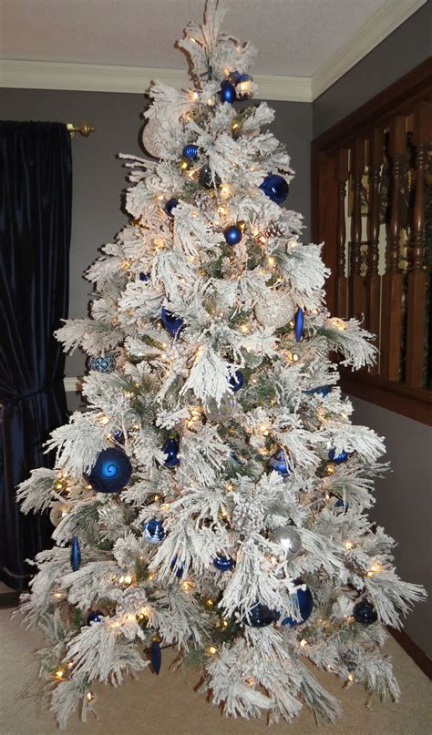 Blue White Silver Flocked Christmas Tree White Silver Blue And White