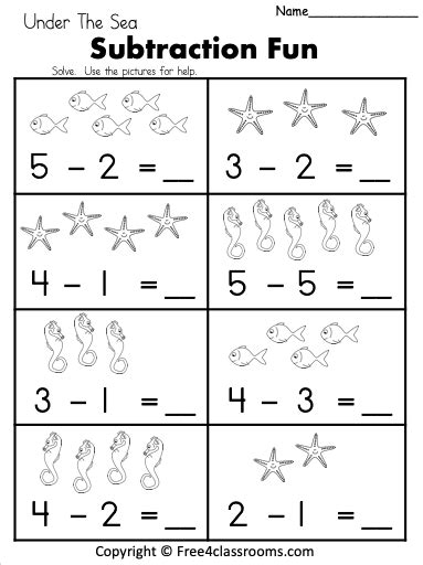 Free Kindergarten Subtraction Worksheet Under The Sea Free4classrooms