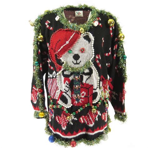 Ugly Christmas Sweater L Light Up Candy Cane Teddy Bear Tie Nutcracker