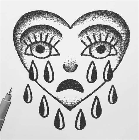 Crying Heart Tattoo Flash Design A5 Black And White Art Print Tattoo