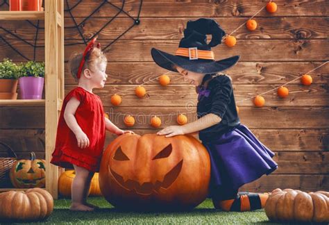 Sisters Celebrate Halloween Stock Photo Image Of Autumn Carnival