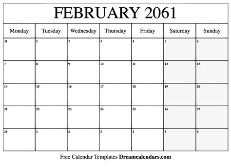 February 2061 Calendar Free Blank Printable With Holidays