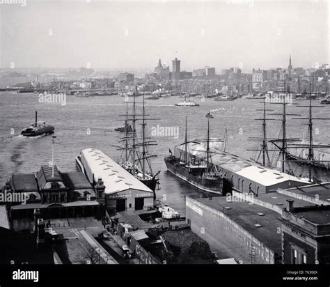 1800s 1880s Downtown Manhattan Seen From Brooklyn Docks In Foreground