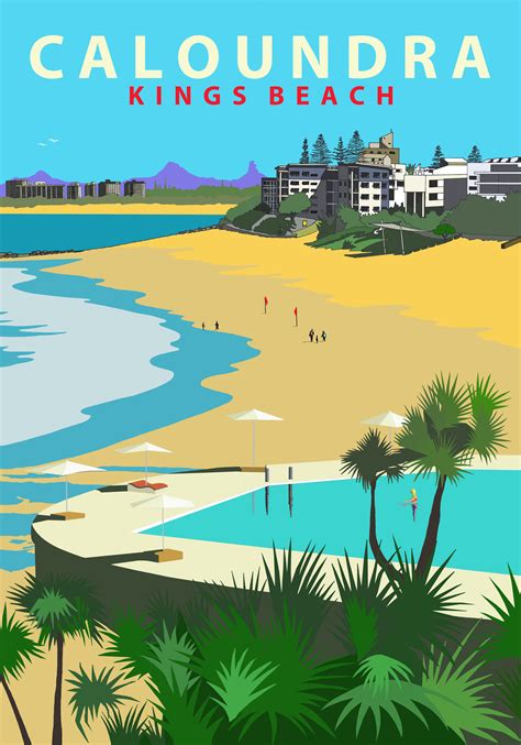 Australian Retro Travel Poster Kings Beach Caloundra Retro Travel
