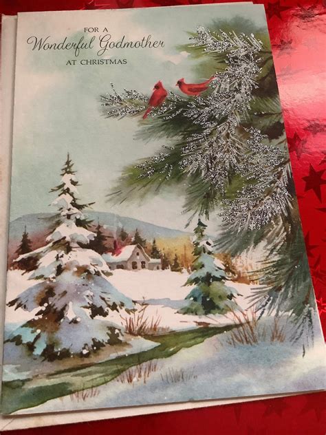 Vintage Hallmark Glittered Christmas Card For Godmother Unusedenv
