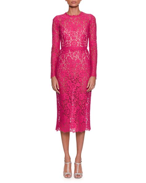 Dolce And Gabbana Long Sleeve Jewel Neck Fitted Lace Midi Dress Neiman