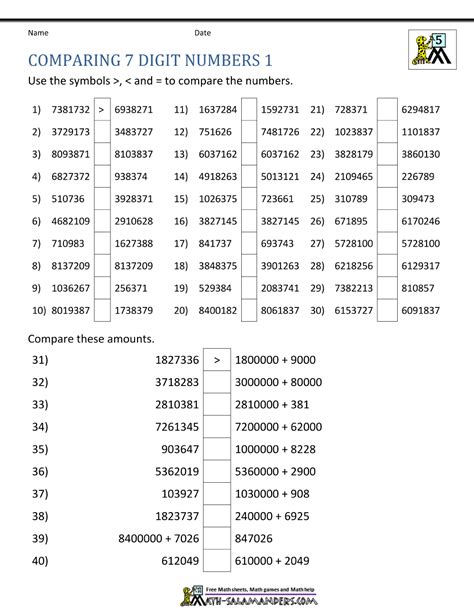 Comparing 7 Digit Numbers Worksheet