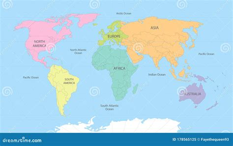 Mapa Mundial Dividido En Seis Continentes De Diferente Color Ilustración del Vector