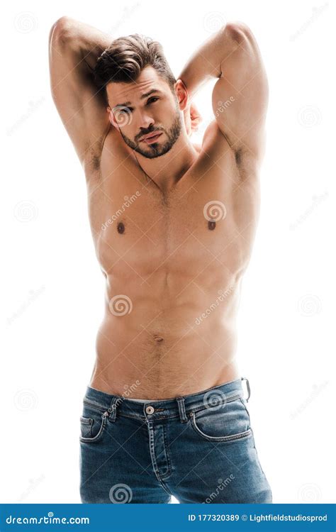 Shirtless Man In Jeans Isolated Stock Image Image Of Brunette