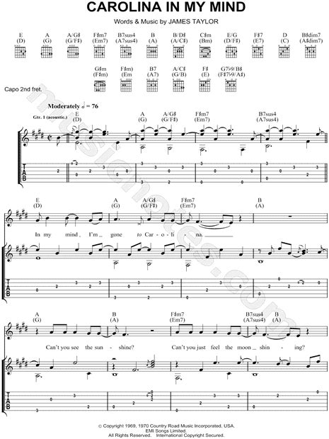 James Taylor Carolina In My Mind Guitar Tab In E Major Download