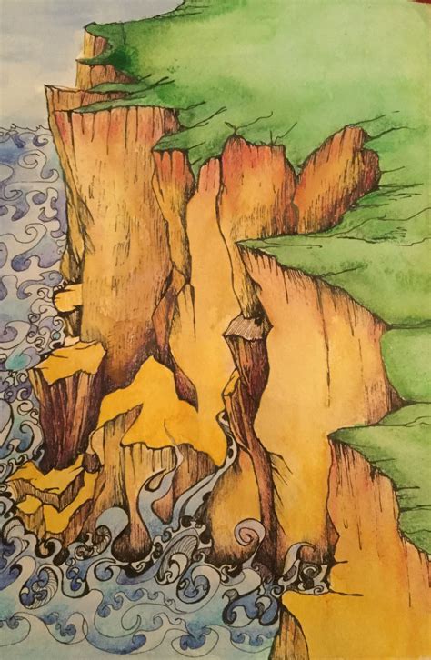 Sketch Of Cliffs Watercolor And Ink Art Artwork