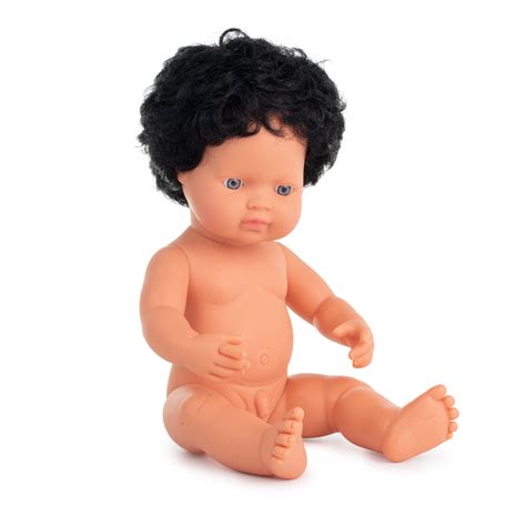 Baby Doll Caucasian Curly Black Hair Boy 38cm Miniland Teachandplay