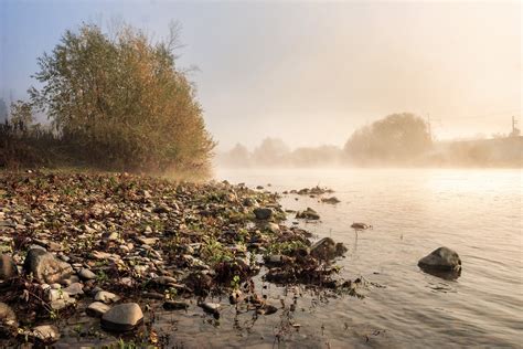 Horizontal River Pebble Beach In Foggy Morning Free Photo Download