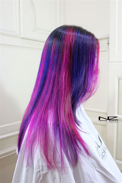 balayage ombre dip dye blue purple pink 3 tones effects hair color newz salon and nz hair spa