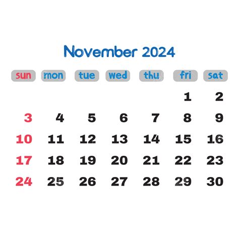 Calendário Novembro 2024 Vetor Png Novembro Novembro De 2024