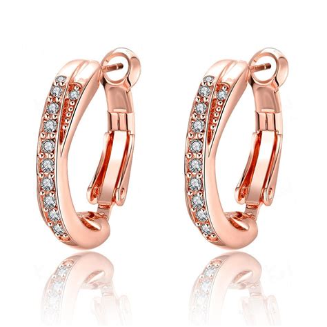 Womens Rose Gold Filled Hoop Earrings Inlaid Cubic Zirconia Fashion