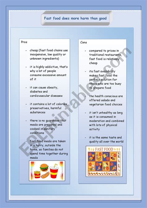 Fast Food Pros And Cons Esl Worksheet By Herika69