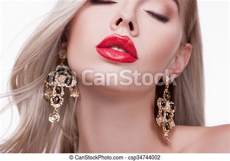 Beautiful Woman With Big Red Lips Big Sexy Lips Mouth Open White Teeth Bit Her Lower Lip