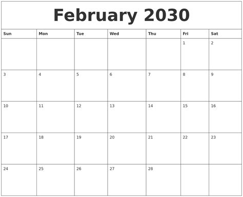 February 2030 Blank Monthly Calendar Template