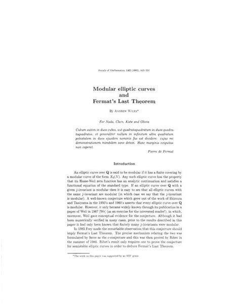 Modular Elliptic Curves And Fermats Last Theorem By Wiles