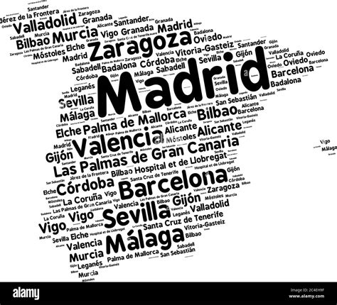 Word Cloud In A Shape Of Spain Contains Large Spanish Cities Black