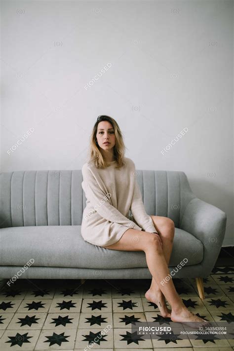 Woman Sitting On Couch — Model Attractive Stock Photo 163543884
