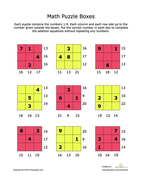 Math puzzles in pdf format for children from first grade, second to sixth grades. Math Puzzle Boxes | Maths puzzles, Addition math puzzles ...