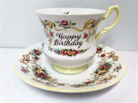 Happy Birthday Queens Tea Cup And Saucer Ribbon Tea Cups Yellow