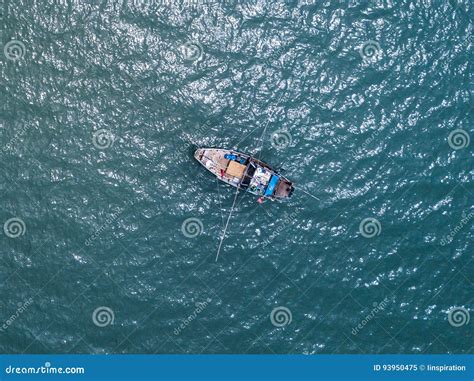 Fishing Boat In The Sea Bird Eye View From Drone Stock Image Image