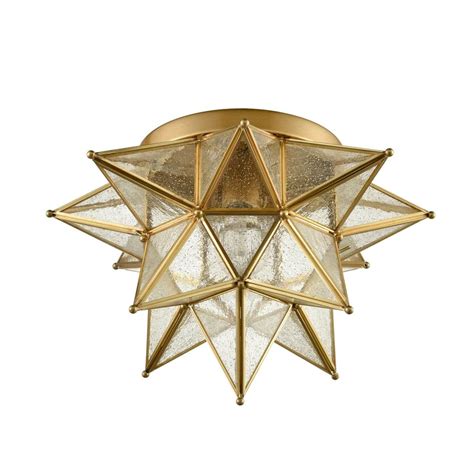 Brass Moravian Star Ceiling Light With Seeded Glass 15 Inch Claxy