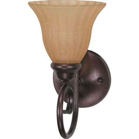 Glomar Phaedra Moulan 1-Light Copper Bronze Bath Vanity Light with Champagne Linen Washed Glass ...