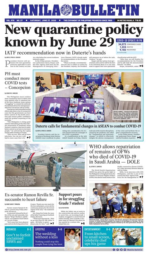 Manila Bulletin June 27 2020 Newspaper Get Your Digital Subscription