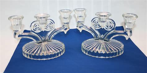 Vintage Jeannette Glass Cosmos Triple Candle Candlesticks Pair Of Candle Holders 3 Arm