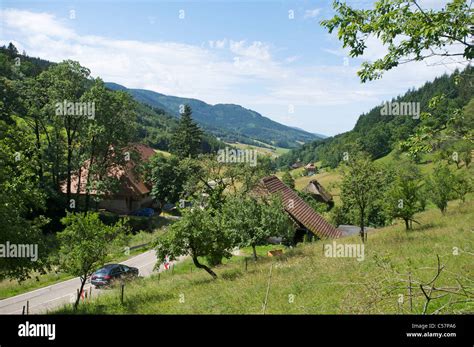 Different Farmhouses With Barns Next To A Road In A Green Mountainous