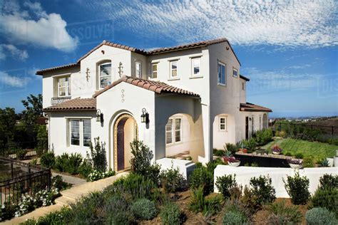 Front And Side Exterior Modern Spanish Style Home Stock Photo Dissolve