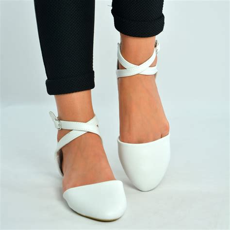 Womens Ladies White Pu Ankle Strap Ballerina Flats Shoes Size Uk 3 8