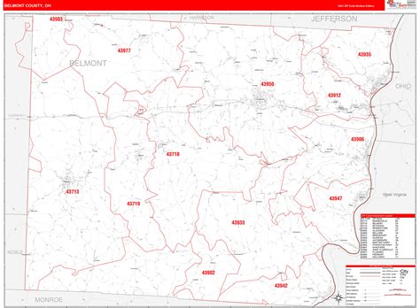 Belmont County, OH Zip Code Wall Map Red Line Style by MarketMAPS
