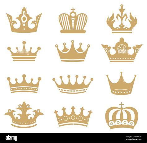 Gold Crown Silhouette Royal King And Queen Elements Isolated On White