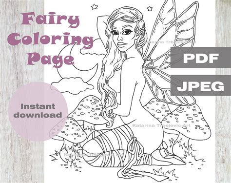 Nude Fairy Adult Coloring Page Mushrooms Moon And Stars Etsy