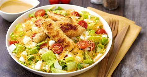 Cut each tomato into 8 wedges and the cucumber into 16 slices. Crispy Chicken Salad with Honey Mustard Dressing Recipe ...