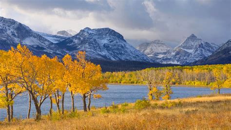 Sky Mountains Lake Forest Trees Autumn Clouds Snow Wallpaper