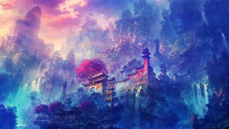 Wallpaper Temple Colorful Painting Digital Art