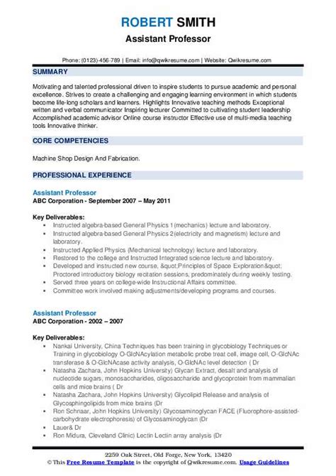 Savesave sample of cv for. Assistant Professor Resume Samples | QwikResume