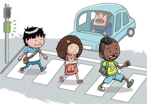 Three Kids Crossing The Street Using The Crosswalk Stock Vector