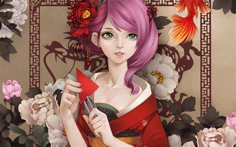 Wallpaper Beautiful Kimono Japanese Anime Girl Pink Hair Green Eyes 1920x1440 Hd Picture Image