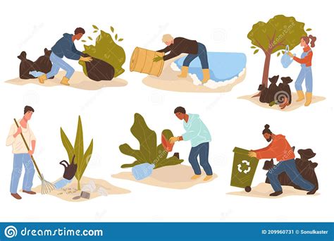 Volunteers Cleaning Spots And Caring For Nature Stock Vector
